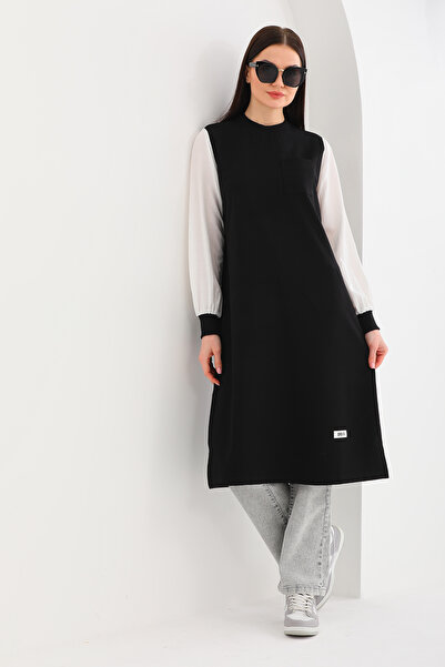 Elif Okur Tesettür Uzun Sweat Tunik Gömlek Kollu 110cm Siyah 1250