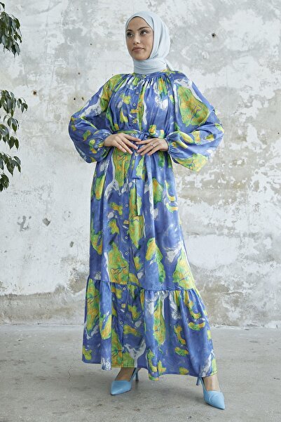 InStyle Marbled Pattern Belted Satin Dress - Indigo