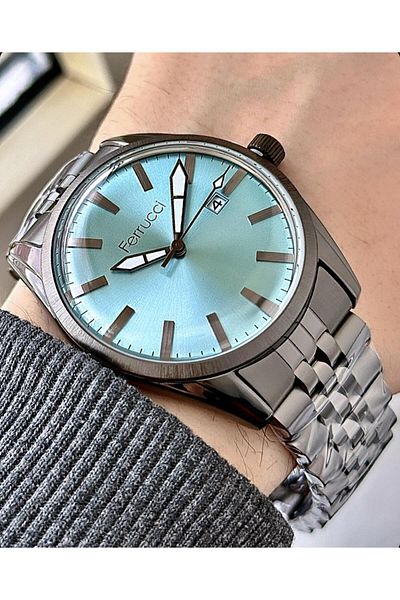 Ferrucci Men's Silver Classic Calendar Wristwatch - Link Metal Cord, No Numeral Turquoise Dial