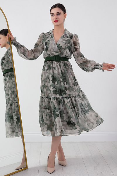 PULLIMM Rochie midi din șifon cu centură cu decolteu dublu GRS3373