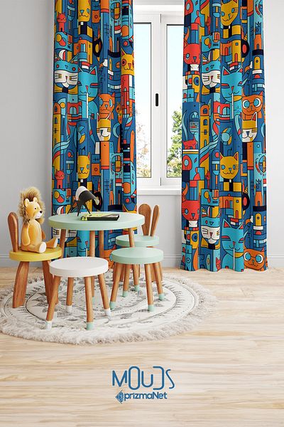 Moud's Origami Cat Patterned Background Curtain Children's and Baby's Room Suede Printed Extrafor Drawstring 2 Wings PRD-46