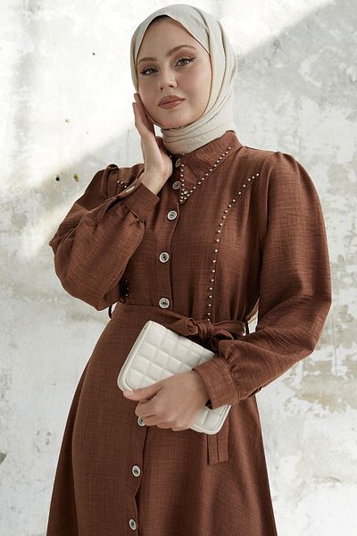 InStyle Beaded Buttoned Linen Dress - Bitter Brown