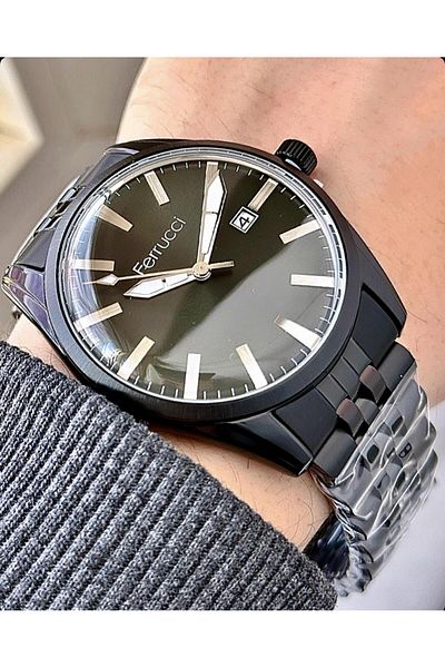 Ferrucci Men's Black Classic Calendar Wristwatch - Link Metal Cord, Numberless Dial