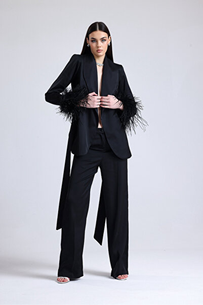 Bohai Design Special Design Sleeves Feathered Otriş Pants Jacket Top and Bottom Satin Black Set