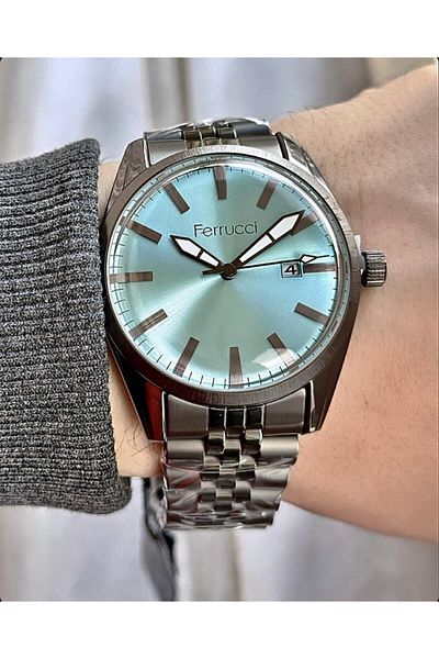 Ferrucci Men's Silver Classic Calendar Wristwatch - Link Metal Cord, No Numeral Turquoise Dial