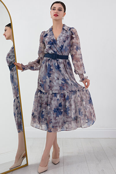 PULLIMM Double Breasted Collar Belted Midi Chiffon Dress GRS3373