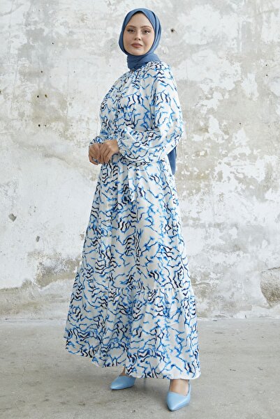 InStyle Атласна сукня з воланом та спідницею з візерунком синя