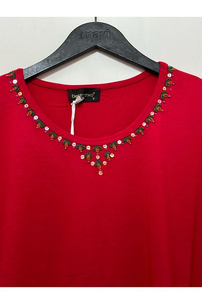 Desen Triko Crew Neck Embroidery Detail Long Sleeve Blouse
