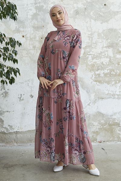 InStyle Floral φόρεμα σιφόν με δαντέλα γιακά - αποξηραμένο τριαντάφυλλο