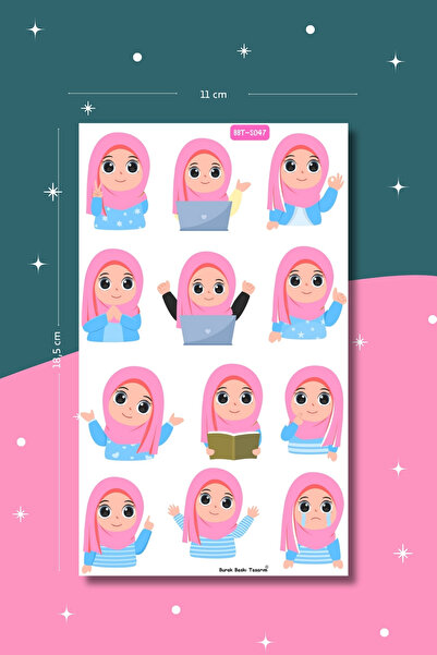 Burak Baskı Tasarım Pink Emoji Hijab Girl Islamic Sticker Set, Planner, Bulle...