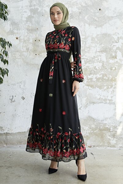 InStyle Belted Ruffle Detail Embroidered Chiffon Dress - Black