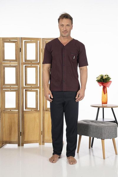 Estiva Men's Front Buttoned Short Sleeve Pocketed Summer Combed Cotton Pajama Set