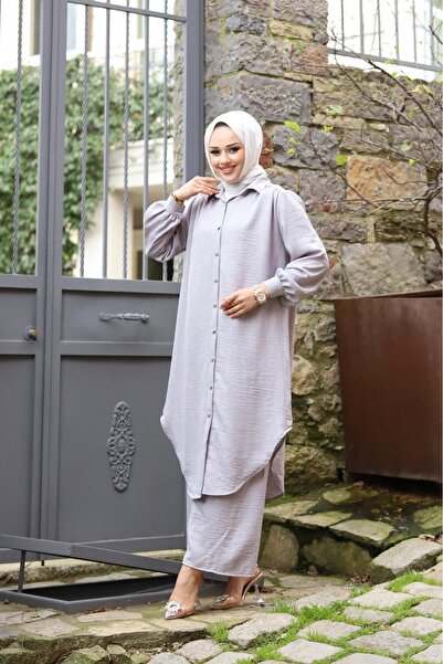 Sfg Life Moda WOMEN'S SUMMER SHIRT COLLAR AND BUTTONED FRONT LINEN FABRIC LONG SHIRT TUNIC, PANTALON TESETURE DOUBLE SET