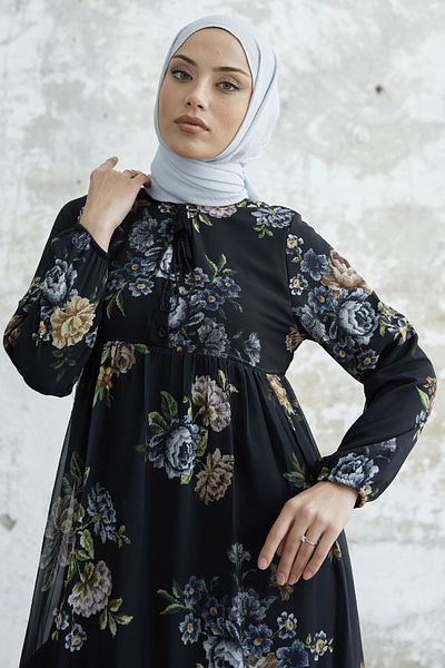 InStyle Floral Φόρεμα Σιφόν με Δαντελένιο Γιακά - Μαύρο