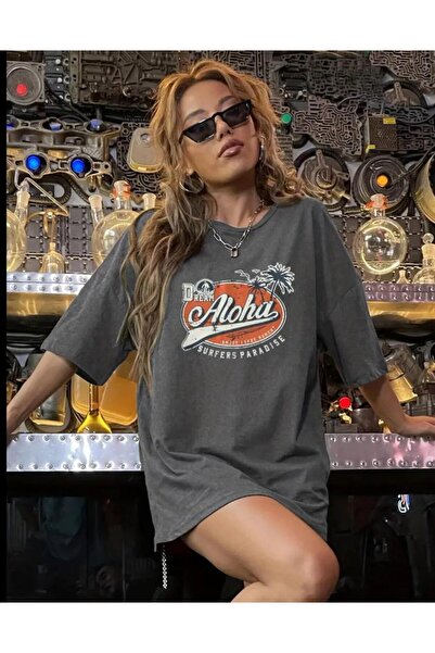 LOUİSA Tricou supradimensionat pentru femei, Antracit Dream, cu imprimeu Aloha