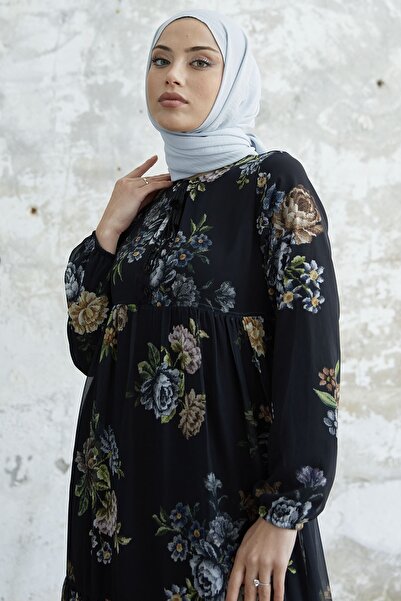 InStyle Floral Chiffon Dress with Lace Collar - Black