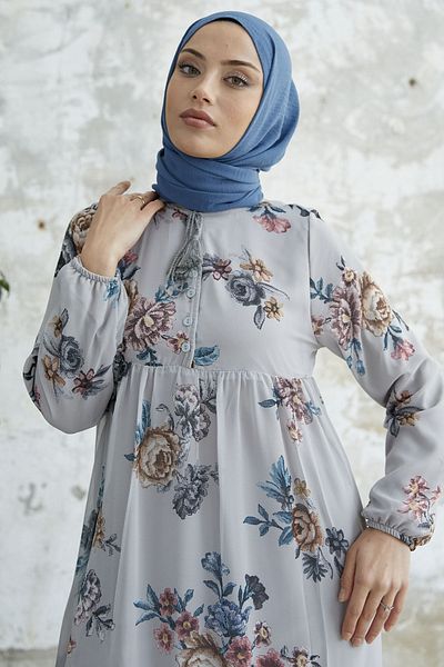 InStyle Floral Φόρεμα Σιφόν με Δαντελένιο Γιακά - Γκρι