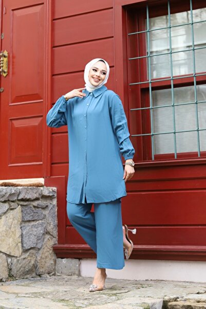 Sfg Life Moda WOMEN'S TESETURES WITH BUTTON FRONT AND SHIRT COLLAR, WOVEN VISKOSE DOUBLE PANTALON SLIPPING SUIT