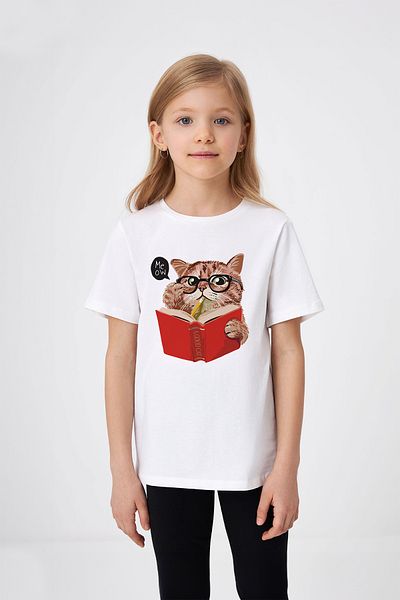 ADABEBEK Meow Printed Girl's T-Shirt που διαβάζει ένα βιβλίο με γυαλιά
