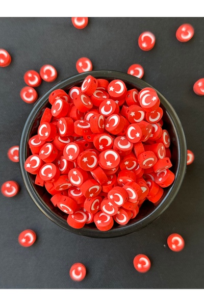 Bijumix Aksesuar 25 Adet 10 mm Türk Bayrak Figürlü Polimer Kil Fimo Boncuk Ta...