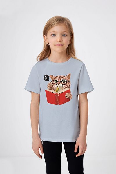 ADABEBEK Meow Printed Girl's T-Shirt που διαβάζει ένα βιβλίο με γυαλιά