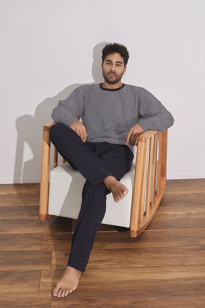 Ayans Pijama Σετ ανδρικών πιτζάμες με μακρυμάνικο ζακάρ χτενισμένο βαμβακερό μονό ζέρσεϊ (λεπτό)