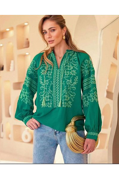 Lavanta Tekstil Cămașă verde cu ciucuri brodate