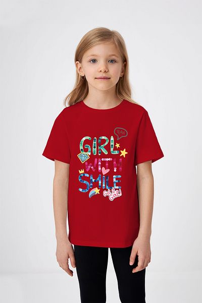 ADABEBEK Smiling Girl Printed Girl's T-Shirt with Bead Detail