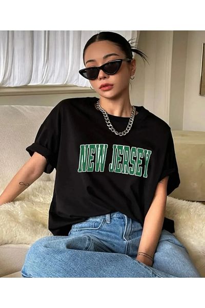 Pink Sky New Jersey T-shirt Black Printed Crew Neck Short Sleeve Boyfriend Loose