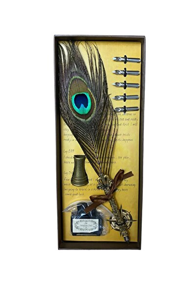 Ötünç Kutusunda  Kuş Tüyü Divit Hokka Kalem Seti Tavus Kuşu