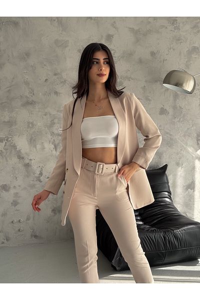 SİZ Cream Shawl Collar Blazer Jacket Carrot Pants Suit