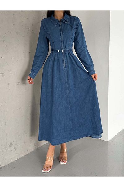 efstyle front zipper flared skirt belt long-sleeved denim dress