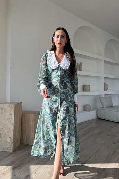 Seda Yalçın Atelier Green Baby Collar Cuff Detail Chiffon Dress