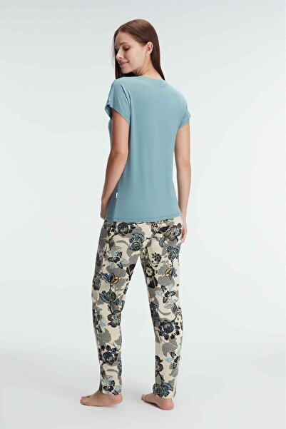 Anıl 9866 Κοντό μανίκι Crew λαιμόκοψη Γυναικεία φλοράλ μοτίβο καλοκαιρινό διαφανές τούλι λεπτομερές σετ πιτζάμες