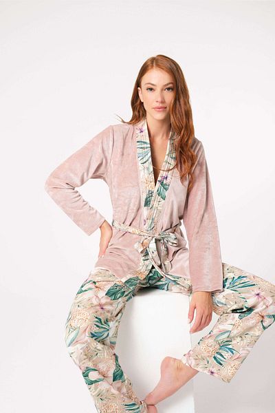 Anıl 5802 Long Sleeve V-Neck Viscose Floral Patterned Winter Knitted Regular Waist Tie-Up Pajamas Set