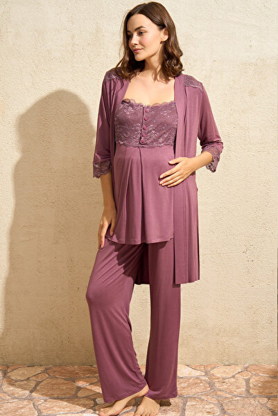Anıl Zero Sleeve Hollow U Neck Viscose Plain Summer Long Lace Detailed Maternity Pajamas Set Dressing Gown Anil 5778