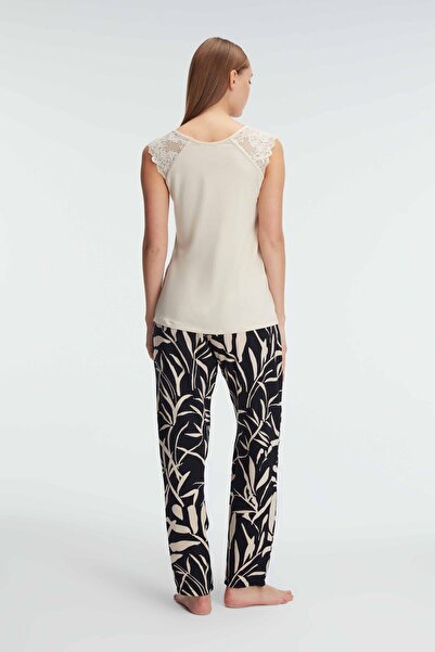 Anıl 9909 Sleeveless Crew Neck Women's Viscose Tropical Summer Lace Detailed Pajamas Set