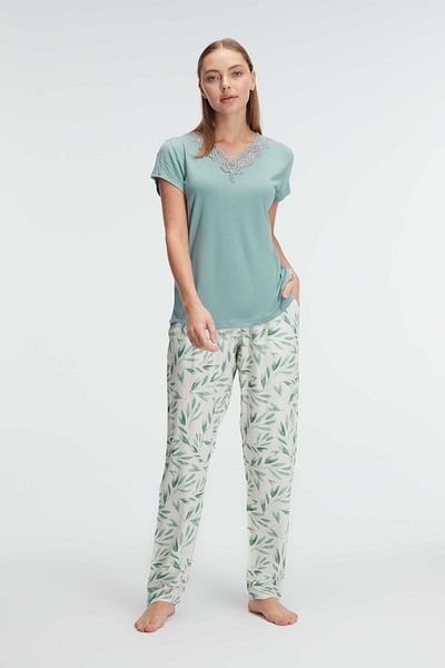 Anıl 9875 short sleeve v-neck Women's viscose tropical summer knitted regular waist Embroidery Detailed Pajamas Set