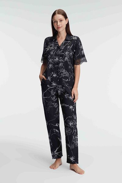 Anıl 9895 Half Sleeve V-neck Women's Viscose Flower Patterned Summer Woven Lace Detailed Pajamas Set