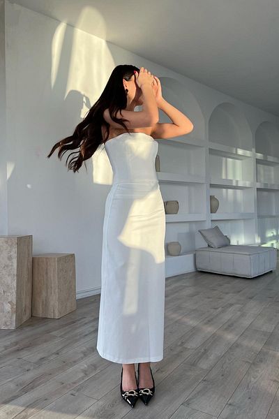 Seda Yalçın Atelier Ecru Midi Skirt with Back Slit and Zipper Detail