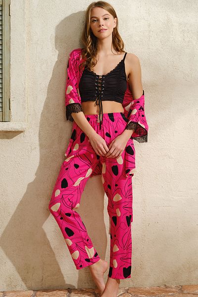 Anıl I?p Strappy V-neck Women's Floral Patterned Summer Long I?p Detailed Pajamas Bottoms Dressing Gown Anil 5756