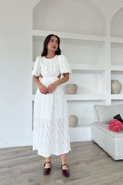 Seda Yalçın Atelier Ecru Balloon Sleeve Back Detailed Belted Dress