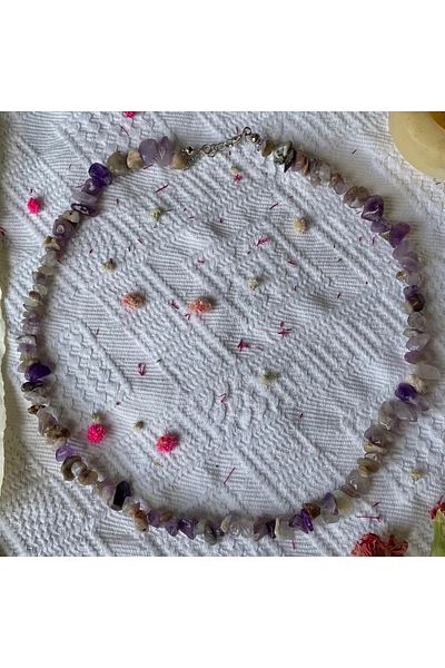 Elifsu Jewelry Amethyst and Cheroite Stone Mixed Wrinkled Natural Stone Necklace