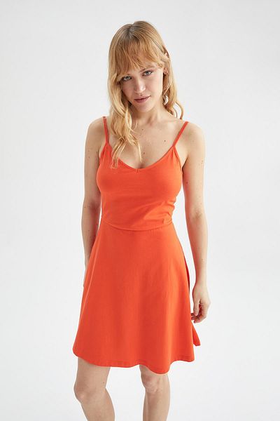 DeFacto Fitted V-Neck Strappy Mini Summer 100% Cotton Dress W7171az22hs