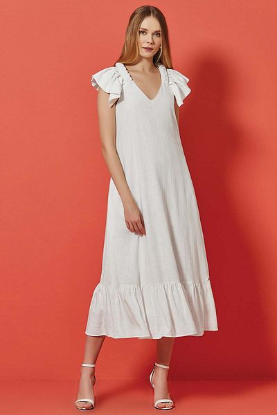 Guitar Λευκό λινό φόρεμα Maxi V-Neck