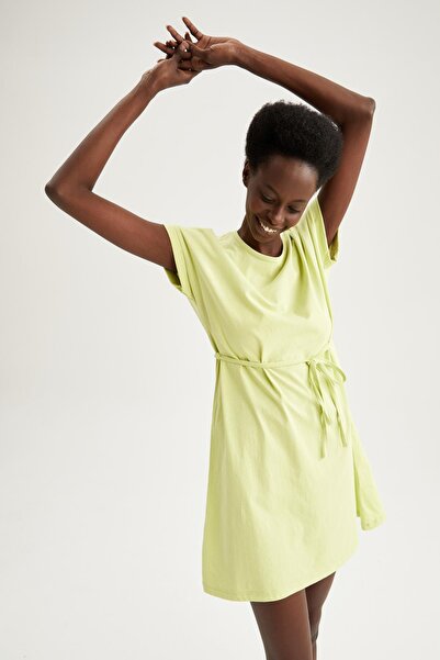 DeFacto Basic Lace-up Waist Summer Short Sleeve Mini 100 Cotton Dress T8057az22sm