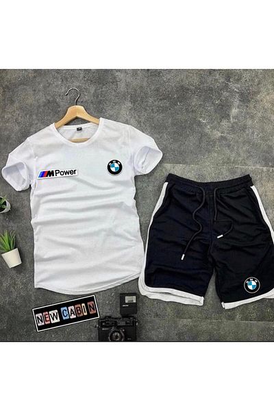 NewCabin New Season Trend Bmw Printed Slim Fit Oval Cut Tshirt - Πολυεστερικό υφασμάτινο σορτς 2 τεμαχίων