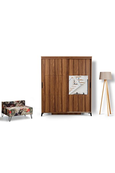 PASİFİC HOME Huga Sürgülü 2 Kapaklı Aynalı Gardırop, Ceviz ,190cm