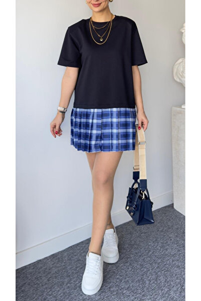 Laluvia Námořnicky modré skládané sukně s krátkým rukávem