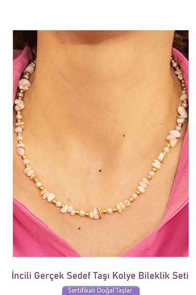 Tesbih Atölyesi Certified Pearl and Natural Mother of Pearl Natural Stone Necklace Bracelet Set